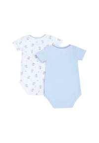 Deux bodies pour bébé : un blanc avec un motif d'ours, l'autre bleu clair. Les deux ont des manches courtes et des fermetures à pression à la taille.