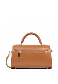 Sac à main tan au design structuré, doté d'une anse supérieure, d'une bandoulière amovible, d'une poche zippée à l'avant et d'accents en métal doré.