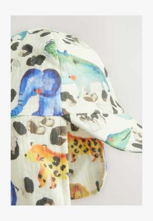 Barevná textilní čepice s ilustracemi různých zvířat, včetně slonů a medvědů, na světlém pozadí s akcenty zvířecího potisku.