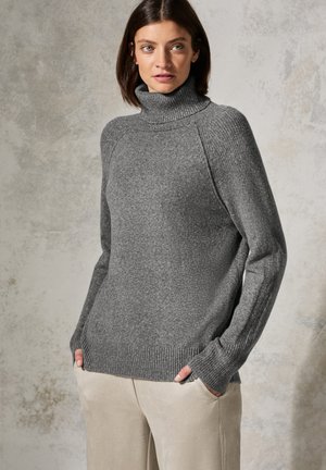 Pull en maille gris à col roulé avec des poignets et un ourlet côtelés, présentant une coupe décontractée et une texture lisse. Associe à un pantalon beige clair.