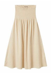 Beiges Midikleid mit gerafftem Oberteil, weit ausgestelltem Rock und strukturierter Stoffqualität. Der Ausschnitt ist elastisch und der Stoff ist leicht zerknittert.