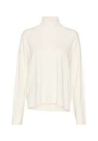 Sweter z golfem w miękkim, białym dzianinie. Posiada długie rękawy, luźny krój i lekko zaokrąglony dół, bez widocznych wzorów ani akcentów.