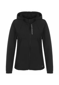 Chaqueta con capucha negra hecha de tela suave, con cremallera completa en el frente y logo de Under Armour en el lado izquierdo del pecho.