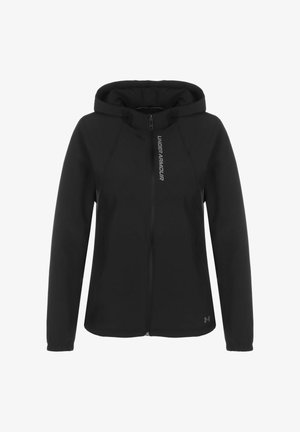 Must nautikate jakk, mis on valmistatud siledast kangast, täis esikuvahega ja Under Armour logo vasakul rinnal.