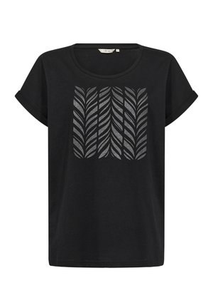 Schwarzes T-Shirt aus Baumwolle mit einem silbernen Blättermuster in einem rechteckigen Zentrumsdesign. Kurze Ärmel mit umgeschlagenen Bündchen, lockere Passform.
