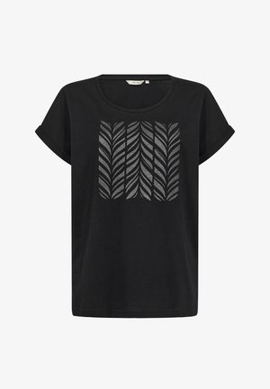 Schwarzes T-Shirt aus Baumwolle mit einem silbernen Blättermuster in einem rechteckigen Zentrumsdesign. Kurze Ärmel mit umgeschlagenen Bündchen, lockere Passform.