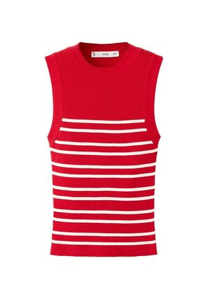 Ærmeløs rød striktop med vandrette hvide striber på forsiden og rund halsudskæring.