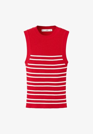 Rdeča brezrokavnik iz pletenine z vodoravnimi belimi črtami spredaj in okrogelim izrezom na vratu.