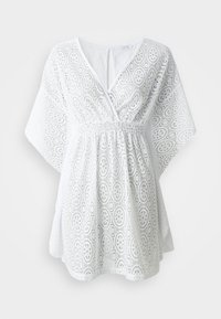 White tunic top made of eyelet lace, featuring a V-neckline, short sleeves, and an elastic waist for a relaxed fit.