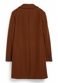 Hnědý kabát z vlněné směsi s výstřihem do V, dlouhými rukávy a knoflíkovými detaily na manžetách. Má rovný střih a elegantní design.
