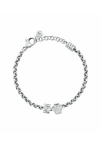 Bracciale in argento con design a catena, presenta un charm a forma di impronta di zampa decorato con cristalli trasparenti e una chiusura a barilotto liscia.