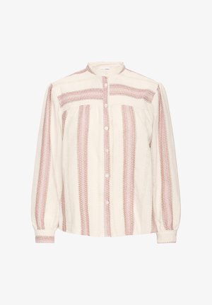 Crèmekleurige blouse met roze horizontale strepen, een knoopsluiting aan de voorkant en lange mouwen. Heeft gestructureerde details rond de schouders en manchetten.