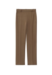 Brown trousers with a straight-leg design, featuring front pleats, a hook and zip closure, and side slits at the hem for added detail.
