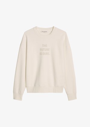 Bluza w kolorze kremowym z długimi rękawami i napisem „THE FUTURE IS OURS.” nadrukowanym na jasnobeżowo na środku przodu.