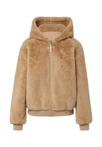 Beige nepbont hoodie met een ritssluiting aan de voorkant, zachte textuur, een ruime capuchon en geribbelde manchetten en onderrand. Casual, relaxte pasvorm.
