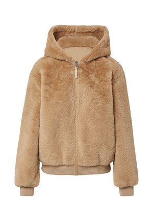Beige nepbont hoodie met een ritssluiting aan de voorkant, zachte textuur, een ruime capuchon en geribbelde manchetten en onderrand. Casual, relaxte pasvorm.