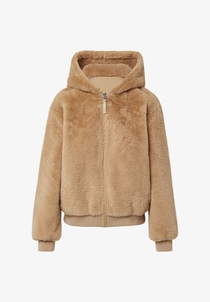 Beige nepbont hoodie met een ritssluiting aan de voorkant, zachte textuur, een ruime capuchon en geribbelde manchetten en onderrand. Casual, relaxte pasvorm.