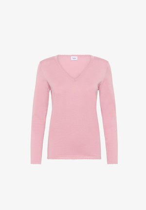 Dugih rukava, V-izrez, bluzica u svijetlo ružičastoj boji, napravljena od mekanog pletenog materijala. Ima valoviti rub i manžete za dodatne detalje.