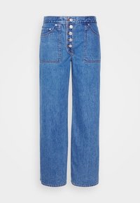 Jean en denim bleu taille haute avec jambes larges, grandes poches plaquées à l'avant et fermeture à cinq boutons.