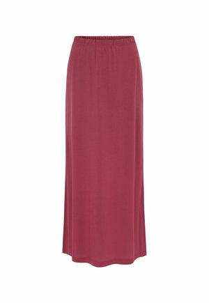 Lang, lige skåret nederdel i rosafarve med elastisk taljebånd, glat tekstur og enkelt design, der er velegnet til afslappet brug.