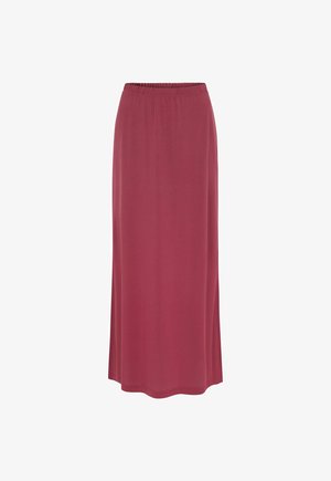 Lang, lige skåret nederdel i rosafarve med elastisk taljebånd, glat tekstur og enkelt design, der er velegnet til afslappet brug.