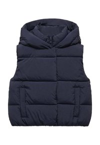 Navy blue puffer vest with a hood, featuring a quilted design, front zipper, and two side pockets. Soft texture and insulated material.