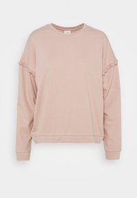 Felpa rosa con maniche lunghe, scollatura rotonda e dettagli in pizzo sulle spalle. Realizzata in un tessuto morbido e testurizzato.