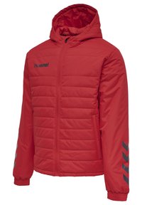 Rode gewatteerde jas met een capuchon, ritsluiting en elastische manchetten. Voorzien van een logo en contrasterende grijze chevronaccenten op de mouwen. Lichtgewicht ontwerp.