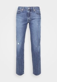 Modré džínové kalhoty s přímým střihem, jemným prošoupáním, klasickým pětikapsovým designem a zapínáním na knoflíky.