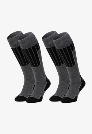 Gray knee-high socks with a black stripe pattern, cushioned sole, seamless toe, and a ribbed top band for secure fit. Two pairs included.