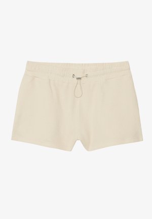 Shorts de bain couleur crème avec un motif texturé en damier, ceinture élastique et cordon de serrage. Longueur mi-cuisse, non doublés.
