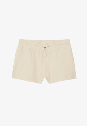 Shorts de bain couleur crème avec un motif texturé en damier, ceinture élastique et cordon de serrage. Longueur mi-cuisse, non doublés.