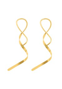Goldfarbene, gedrehte Ohrringe mit einer fließenden, verlängerten Form. Die glatte Metalloberfläche und die spitzen Enden schaffen ein zartes, modernes Design.