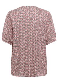 Bluzka z krótkim rękawem z wzorem w zygzak w kolorach czerwonym, granatowym i kremowym, o luźnym kroju i miękkim, lekkim materiale.