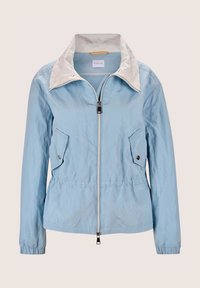 Lichtblauwe jas met een contrasterende witte kraag, voorzien van een rits aan de voorkant, drukknopzakken, elastische tailleband en een gladde textuur.