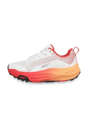 White and red athletic shoe with gradient orange midsole, black outsole, laces, and "MBT" logo on side and sole.