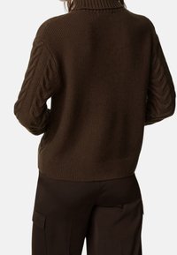 Brązowy sweter z dzianiny z wysokim kołnierzem, teksturowanym przodem i rękawami w warkocze. Manżety i dół swetra są prążkowane. Noszony z ciemnymi spodniami.