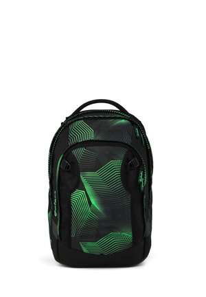Black backpack with neon green geometric line patterns, front zippered pockets, and a top carry handle.