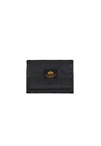 Black nylon wallet with a textured finish, featuring a logo tag in orange. Folded design with clean edges and no visible hardware.