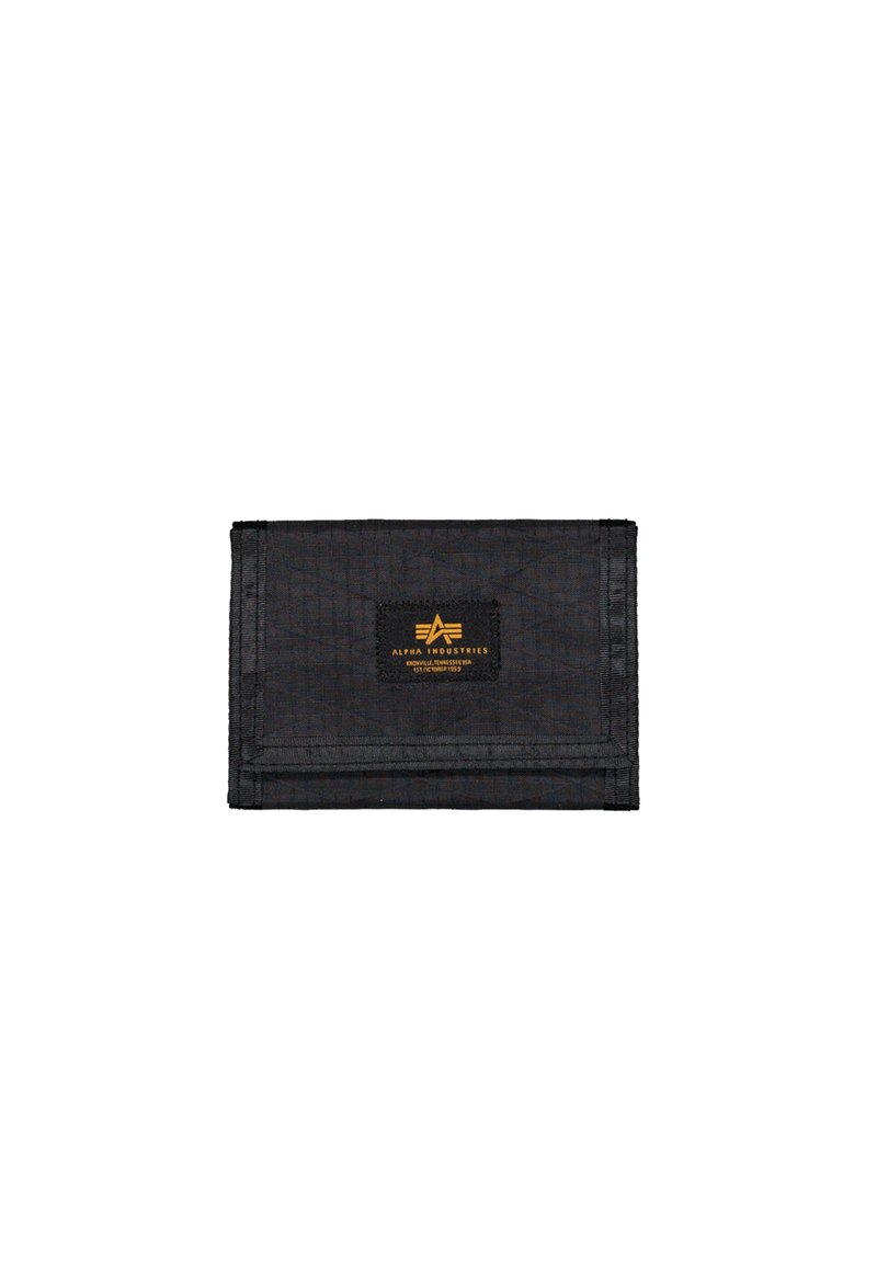Black nylon wallet with a textured finish, featuring a logo tag in orange. Folded design with clean edges and no visible hardware.