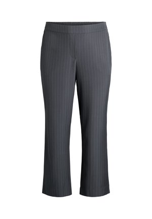 Graue Nadelstreifen-Hosen mit einem elastischen Bund, knöchellang und glatter Stoffoberfläche. Sie haben dezente vertikale Streifen für visuelles Interesse.