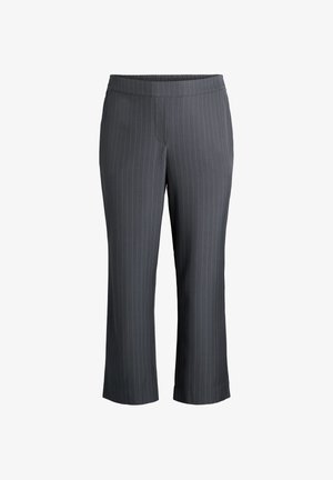 Gray pinstriped trousers with an elastic waistband, cropped length, and smooth fabric texture. Features subtle vertical stripes for visual interest.