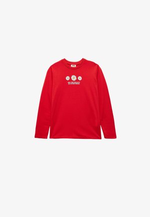 Rotes Langarm-T-Shirt aus Baumwolle mit Rundhalsausschnitt und drei Gänseblümchen sowie dem Text "SEHEN SIE DIE SCHÖNHEIT IN ALLEM" darunter.