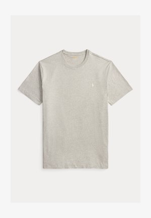 Hellgraues T-Shirt mit kurzen Ärmeln und Rundhalsausschnitt, mit einem kleinen weißen, bestickten Logo auf der linken Brust.