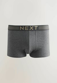 Boxer-briefs gris en tissu doux, avec une taille noire portant l'inscription "NEXT" et des bandes dorées. Design structuré avec un léger stretch.