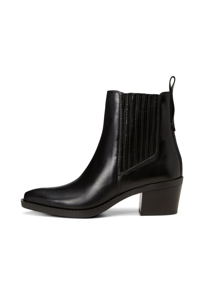 Black leather ankle boot with a pointed toe, textured elastic side panels, and a low block heel for stability.