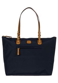 Borsa a tracolla navy in nylon con dettagli in pelle beige e manici corti. Presenta una tasca frontale con zip e un'etichetta con il logo.