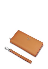 Tan leather wallet with red stitching and a silver logo. Features a detachable wrist strap and a sleek, rectangular design.
