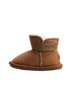 Bottes en cuir marron pour tout-petits, avec une doublure en polaire douce, un bout arrondi, une sangle réglable et des détails de couture sur le côté. Semelle en caoutchouc pour une bonne adhérence.