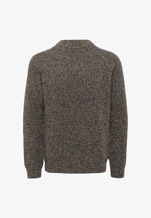 Striktrøje i et struktureret mønster med rund halsudskæring, prydet med en blanding af mørkeblå og beige farver. Lange ærmer og afslappet pasform.